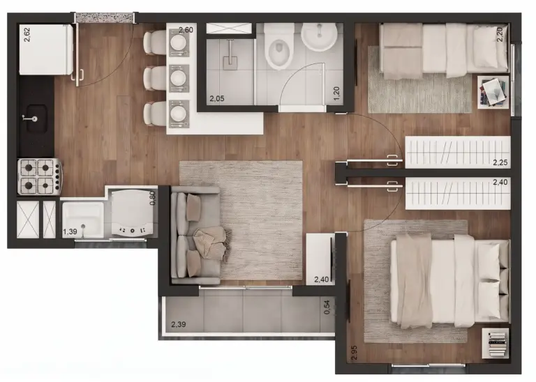 Planta tipo A do Tech Zona Sul, 34 m², 2 dormitórios com terraço