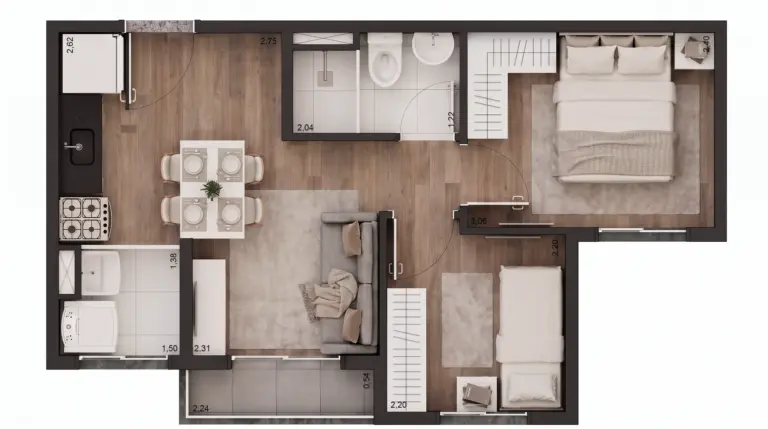Planta tipo C do Tech Zona Sul, 35 m², 2 dormitórios com terraço