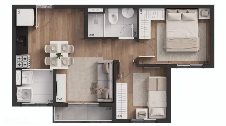 Planta tipo B do Tech Zona Sul, 37 m², 2 dormitórios com terraço