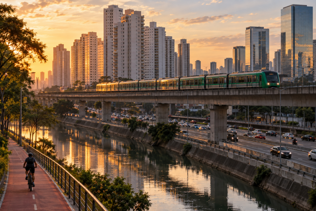 Trem Da Linha 9 Esmeralda Ao Lado Da Marginal Pinheiros Com Prédios Residenciais Ao Fundo