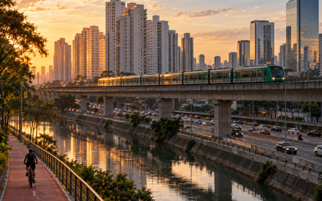 Trem da Linha 9 Esmeralda ao lado da Marginal Pinheiros com prédios residenciais ao fundo