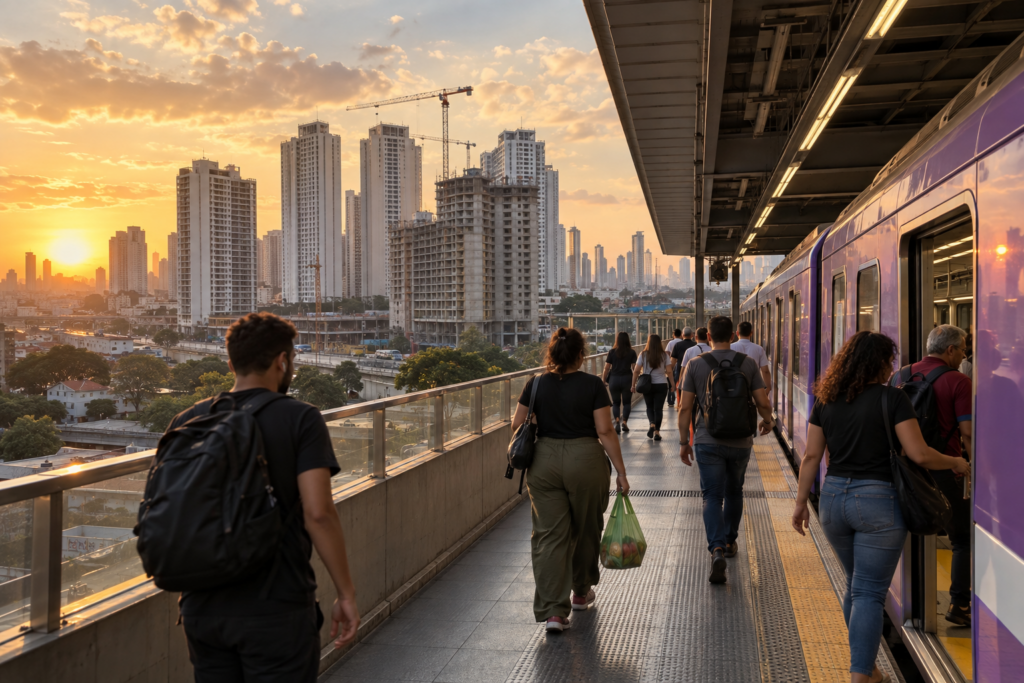 Plataforma De Metrô Da Linha 5 Lilás Com Prédios Residenciais Novos Ao Fundo Na Zona Sul De São Paulo