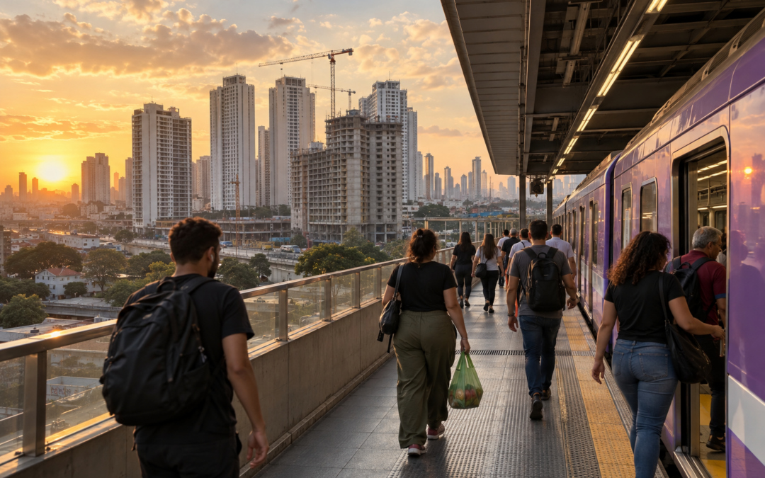 Plataforma de metrô da Linha 5 Lilás com prédios residenciais novos ao fundo na Zona Sul de São Paulo