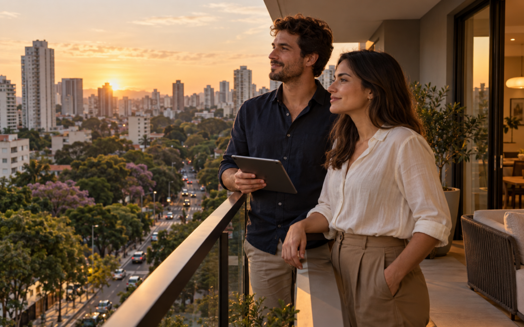 Casal na varanda de um apartamento das Faixas 3 e 4 do Minha Casa Minha Vida na Zona Sul