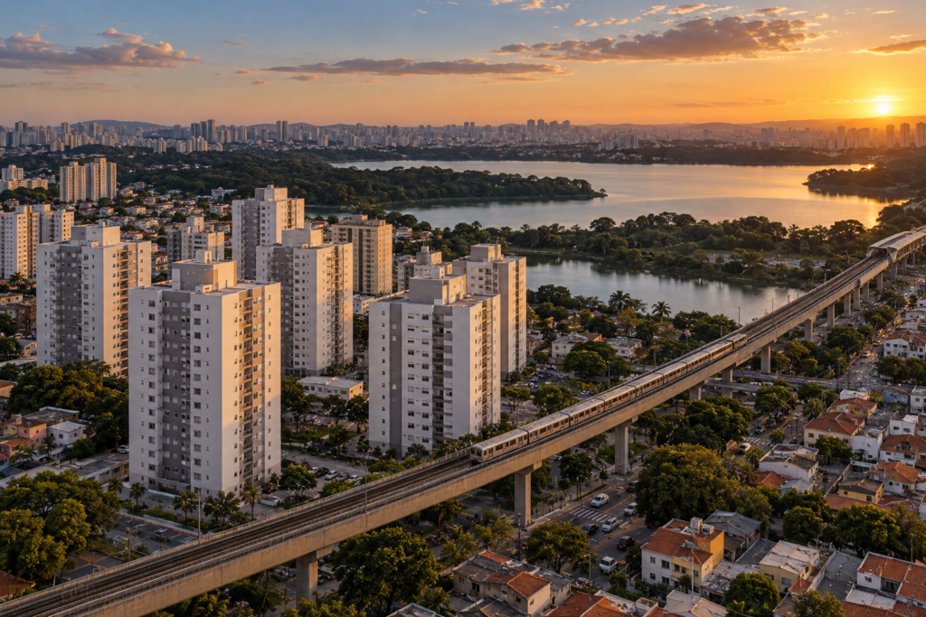 Vista Aérea De Bairros Da Zona Sul De São Paulo Com Prédios Novos, Linha De Trem E Represa Ao Fundo