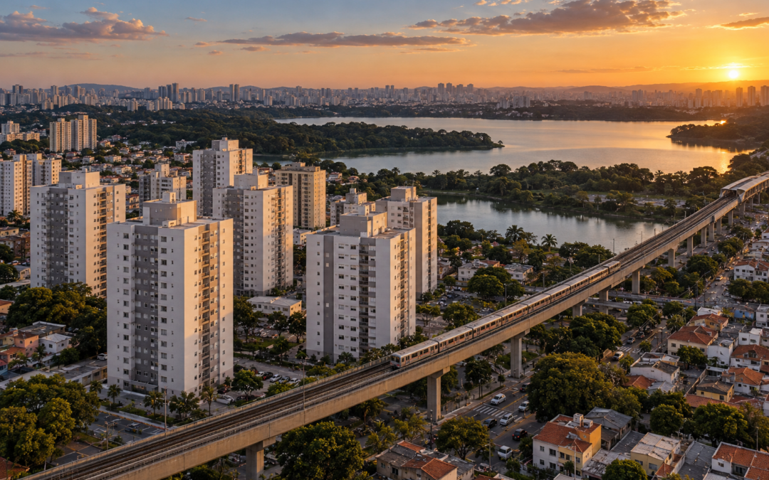 Vista aérea de bairros da Zona Sul de São Paulo com prédios novos, linha de trem e represa ao fundo